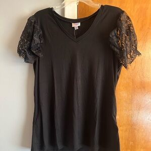Black Lace Sleeve V-Neck Top